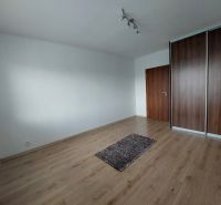 An empty room in a 3-room apartment with a wooden decor floor and a built-in wardrobe.