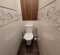 A toilet with floral tiles and a wooden decor floor in a 3-room apartment.