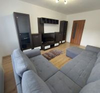 Living room in a 3-room apartment with a gray sofa and a floor with a wood decor.