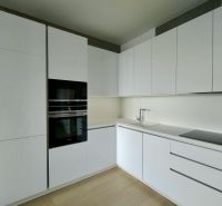 A kitchen with built-in appliances and a wooden decor floor in a 2-room apartment.
