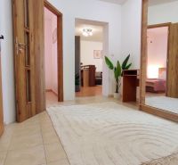 Entrance hall of a 2-room apartment with a large mirror and a plant, floor with wood decor.