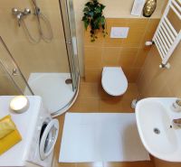 A bathroom in a 2-room apartment with a washing machine, shower, and toilet.
