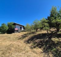 A cottage in Myjava amidst a grassy slope surrounded by trees and a blue sky.