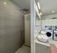 Bathroom in a family house with a shower, sinks, washing machines, and storage cabinets.