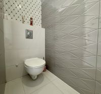 A bathroom in a family house with a modern tile design and elegantly concealed toilet tank.