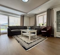 Living room in a family house with a sofa, an armchair, and a wooden decor floor.