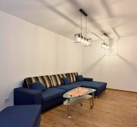 Living room with a blue sofa, glass table, and wood-patterned flooring.
