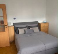 A bedroom with a bed and a wooden decor floor in a three-room apartment.