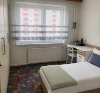 Single bed in a 3-room apartment with a creative carpet and a work desk.