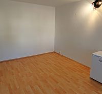 A studio apartment with a wooden floor, light-colored walls, and a small refrigerator.