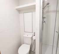 Bathroom in a 2-room apartment with a toilet and a shower, white tiles.