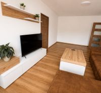 Living room in a two-room apartment with a wooden decor floor and a comfortable sofa.