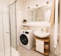 A bathroom in a 2-room apartment with a shower, washing machine, and sink.