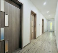 A hallway of a family house with a wooden decor floor and wooden doors.