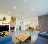 Living room in a family house with a wood-patterned floor, fireplace, and television.
