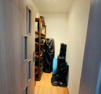 Storage space in a family house with shelves and a wooden decor floor.