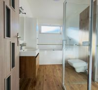 A bathroom with a wooden decor floor in a family house with a sink and a shower.