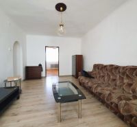 Living room in a 3-room apartment with a wooden decor floor and a brown sofa.