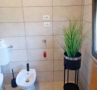 Bathroom in a recreational apartment with tiles and a plant stand.