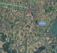 The map shows the surroundings of the towns Bibione and Latisana with the road communications E70, SR354.