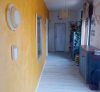 The hallway of a recreational apartment with a wooden decor floor and a yellow wall.