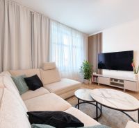 Living room of a three-room apartment with a sofa, table, and TV on a floor with a wooden decor.