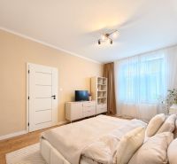 A bright room with a bed, TV, wardrobe, and wooden decor flooring in a 3-room apartment.