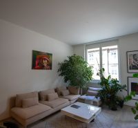 Living room with a sofa, plants, paintings, and a wooden decor floor in a 2-room apartment.