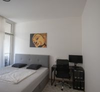 A bedroom with a single bed, a desk, and a picture above the bed in a two-room apartment.