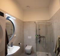 Bathroom in a 2-room apartment with a shower and a washing machine.