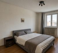 Bedroom in a 4-room apartment with a bed, wardrobe, and wooden decor flooring.