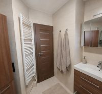 Bathroom with wall-mounted cabinets, a sink, and a ladder radiator in a 4-room apartment.
