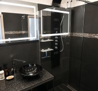 A bathroom with a countertop sink and a shower in a three-room apartment.