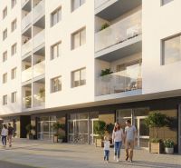 Apartment building with balconies and people on the street in Poprad, suitable for a 3-room apartment.