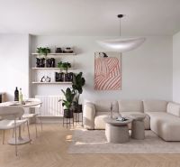 Living room in a two-room apartment with a sofa, shelves, and a wooden decor floor.