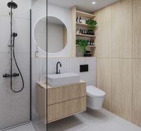 Bathroom in a 2-room apartment with wooden decor, shower, and sink.
