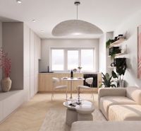 Living room in a 2-room apartment with minimalism, wooden decor flooring, spacious sofa.