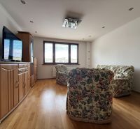 Living room in a 4-room apartment with a floral sofa and wooden decor flooring.