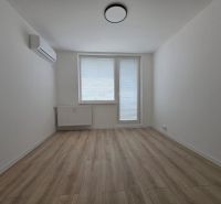 A room in a 3-room apartment with air conditioning and a wooden decor floor.