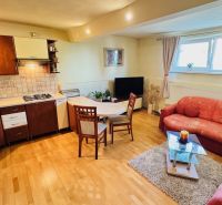 Living room with a kitchen in a family house, wooden decor flooring, red sofa.