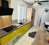 A kitchen in a family house with colorful cabinets and stylish lighting.