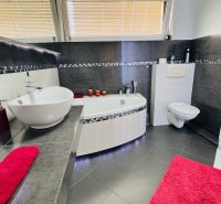 A bathroom in a family house with a bathtub, a sink, and tiles with a dark design.