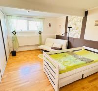 A bedroom in a family house with a bed, a sofa, and a wooden decor floor.