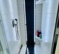 Shower enclosure with LED lighting and shelves in the bathroom of a family house.