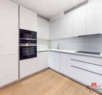 A kitchen with white cabinets and a wood-patterned floor in a two-room apartment.