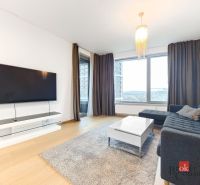 Living room in a two-room apartment with a sofa, TV, carpet, and large windows.