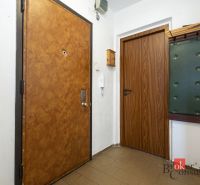 The entrance hall of a 4-room apartment with doors featuring a wood decor and a coat rack wall.
