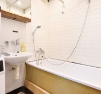 Bathroom in a 2-room apartment with a shower bath and a washing machine.