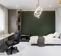 A study and bedroom in a three-room apartment with designer lighting and a view of the mountains.