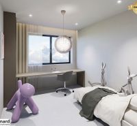 Children's room in a 3-room apartment with toys and a view of the mountains, floor with wooden decor.